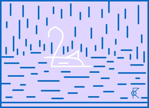 Белый линейный силуэт над горизонтальными синими штрихами; сверху вертикальные синие и фиолетовые линии.